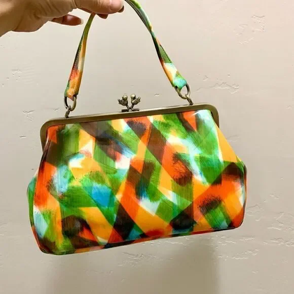 Handmade Genuine Leather Abstract Print “Birds” Kisslock Wristlet/Crossbody - Picture 6 of 17